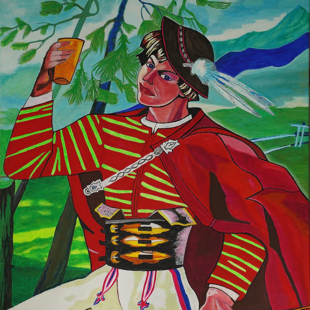 Obraz mężczyzny ubranego w strój w kolorach czerwonym i białym.