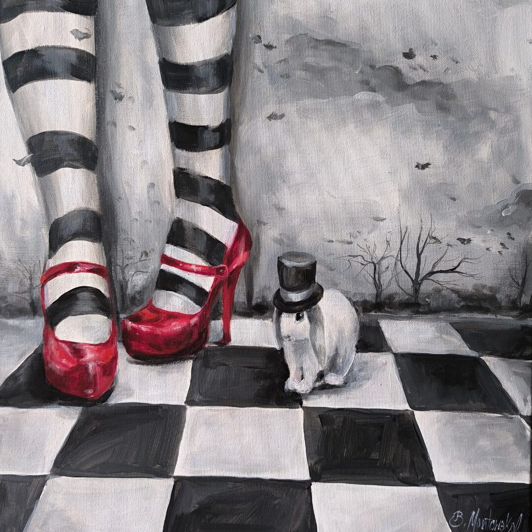 Malowidło ukazujące kobietę w czerwonych butach na obcasie i czarnych rajstopach.