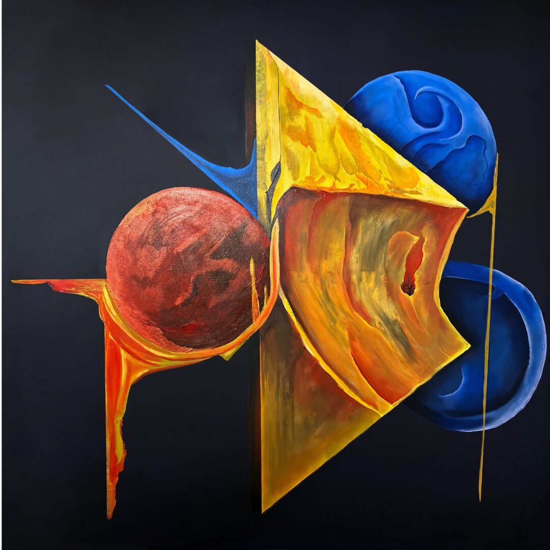 Obraz abstrakcyjny z trójkątem i planetami, ukazujący dynamiczne kształty i kolory.