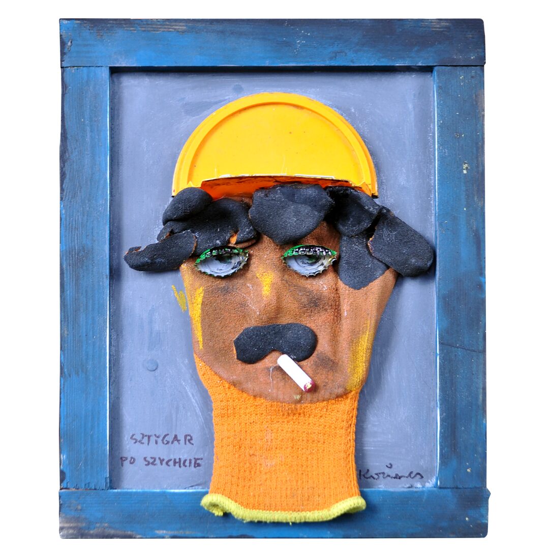 Dzieło przedstawiające mężczyznę z papierosem, stworzone w technice kolażu i asamblażu, z wykorzystaniem rękawicy.