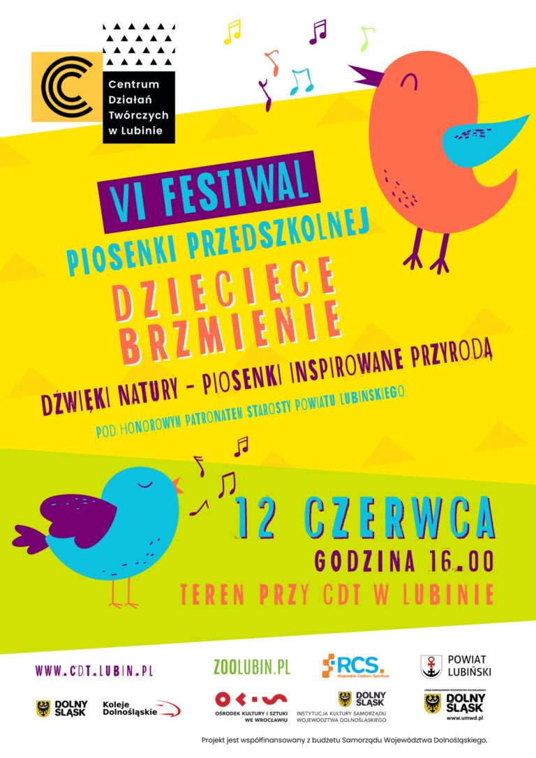 plakat wydarzenia "Finał VI edycji Festiwalu Piosenki Przedszkolnej „Dziecięce Brzmienie”! „Dźwięki natury” – piosenki inspirowane przyrodą." żółte tło, kolorowe wesołe ptaszki