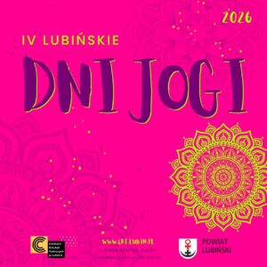 Różowa grafika z zielona mandalą i napisem "IV LUBIŃSKIE DNI JOGI" i z logotypami organizatorów