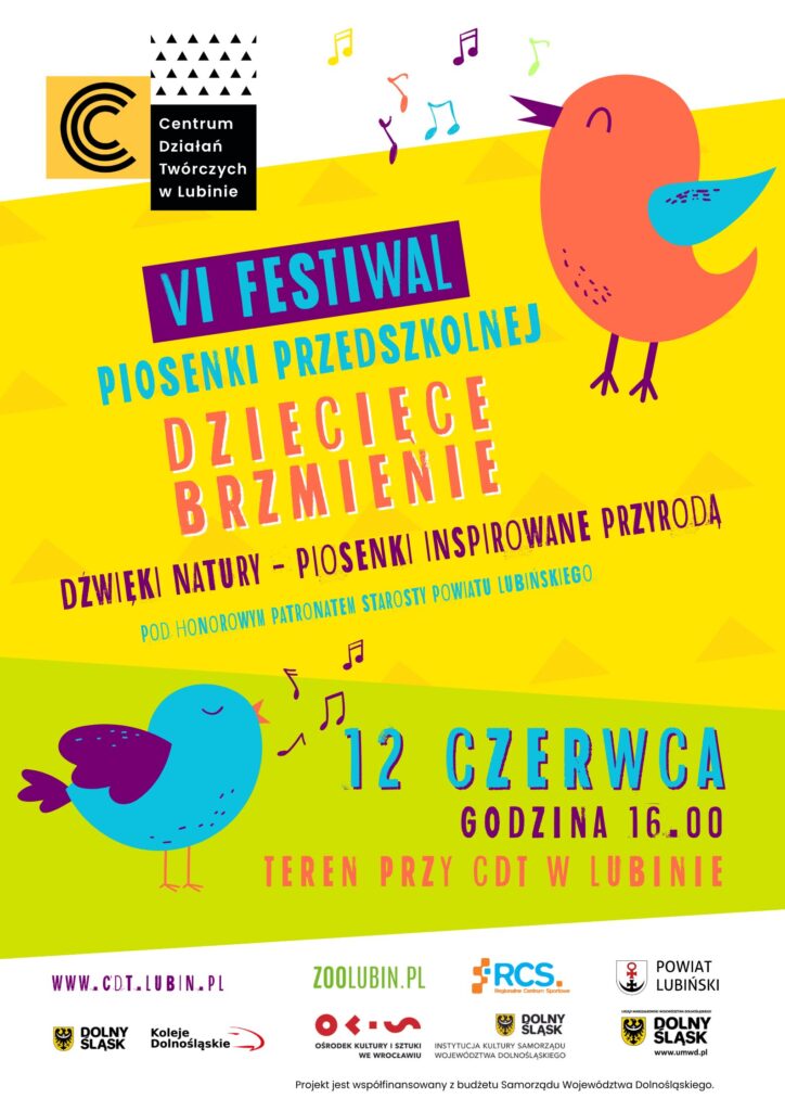 plakat wydarzenia "Finał VI edycji Festiwalu Piosenki Przedszkolnej „Dziecięce Brzmienie”! „Dźwięki natury” – piosenki inspirowane przyrodą." żółte tło, kolorowe wesołe ptaszki