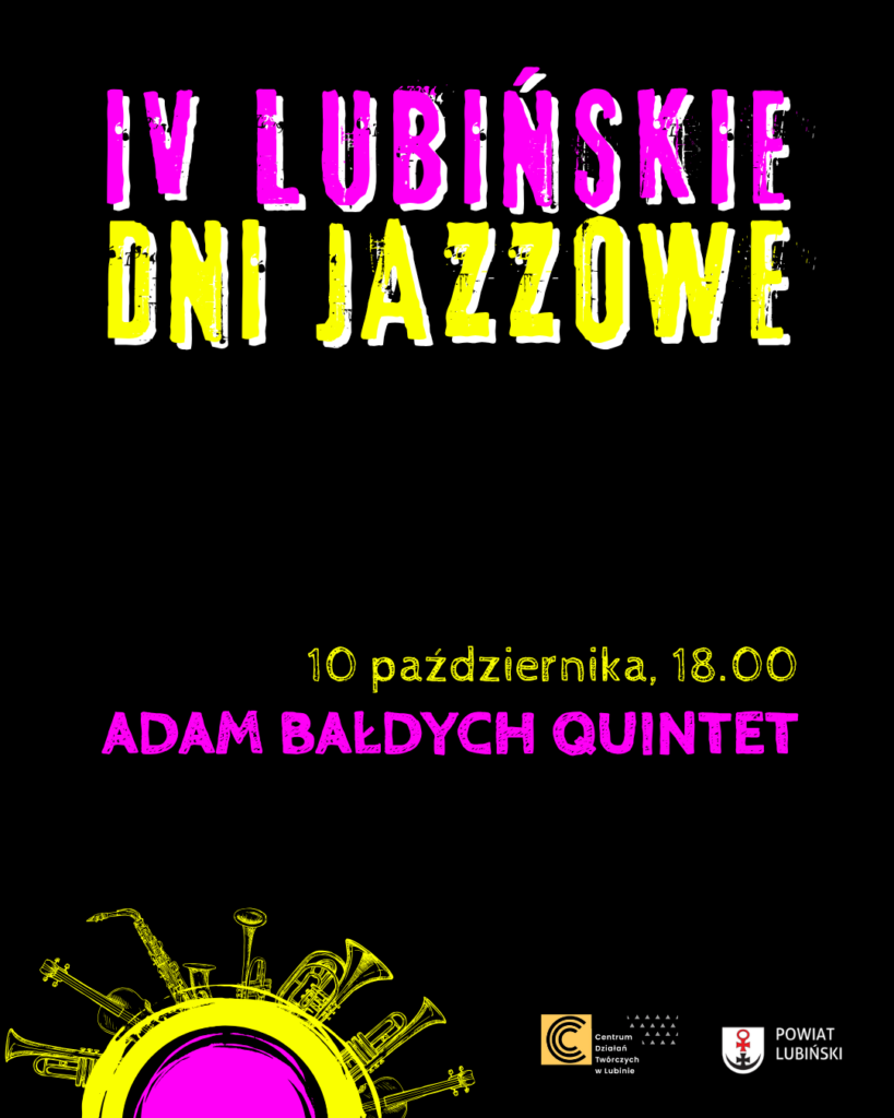 Grafika informacyjna "IV Lubińskie Dni Jazzowe" z grafiką instrumentów i terminem koncertu