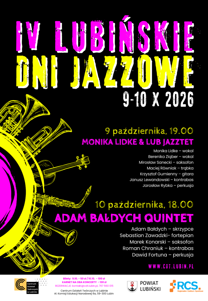 Plakat informacyjny z grafiką instrumentów i terminami koncertów. Główny napis to "IV LUBIŃSKIE DNI JAZZOWE" w kolorze różowym i żółtym na czarnym tle.