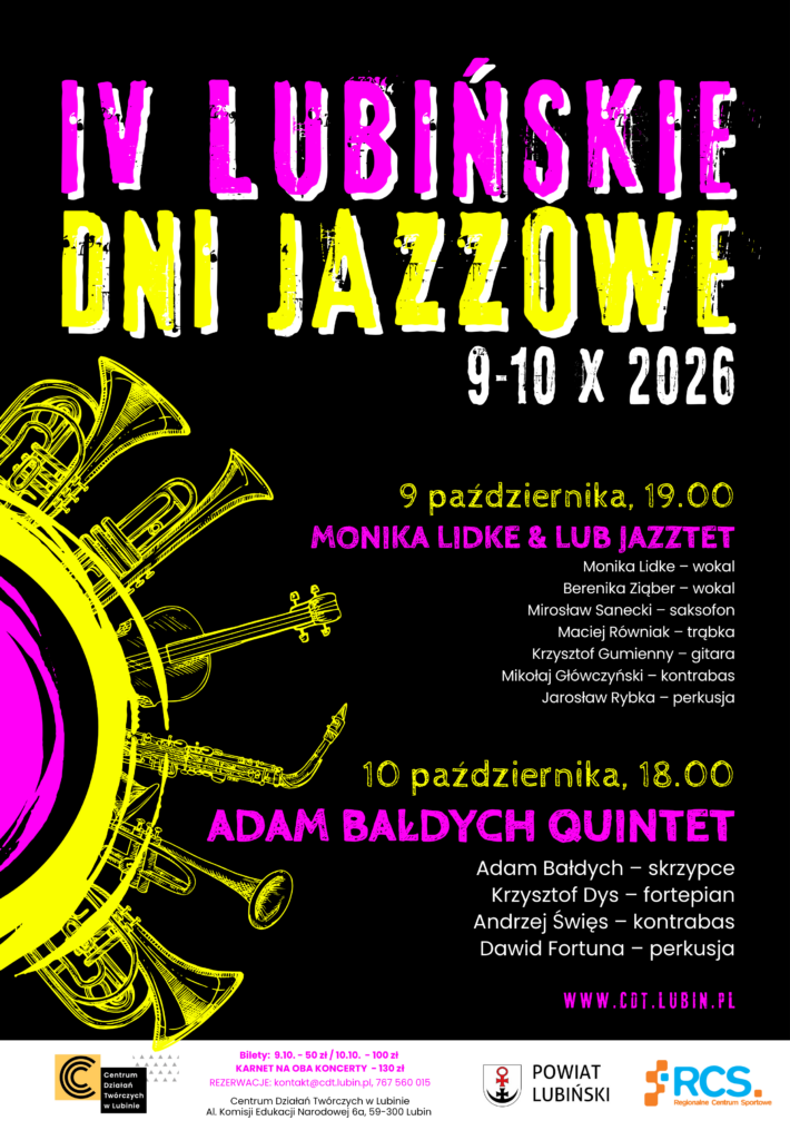 Plakat informacyjny  z grafiką instrumentów i terminami koncertów.
Główny napis to "IV LUBIŃSKIE DNI JAZZOWE" w kolorze różowym i żółtym na czarnym tle.