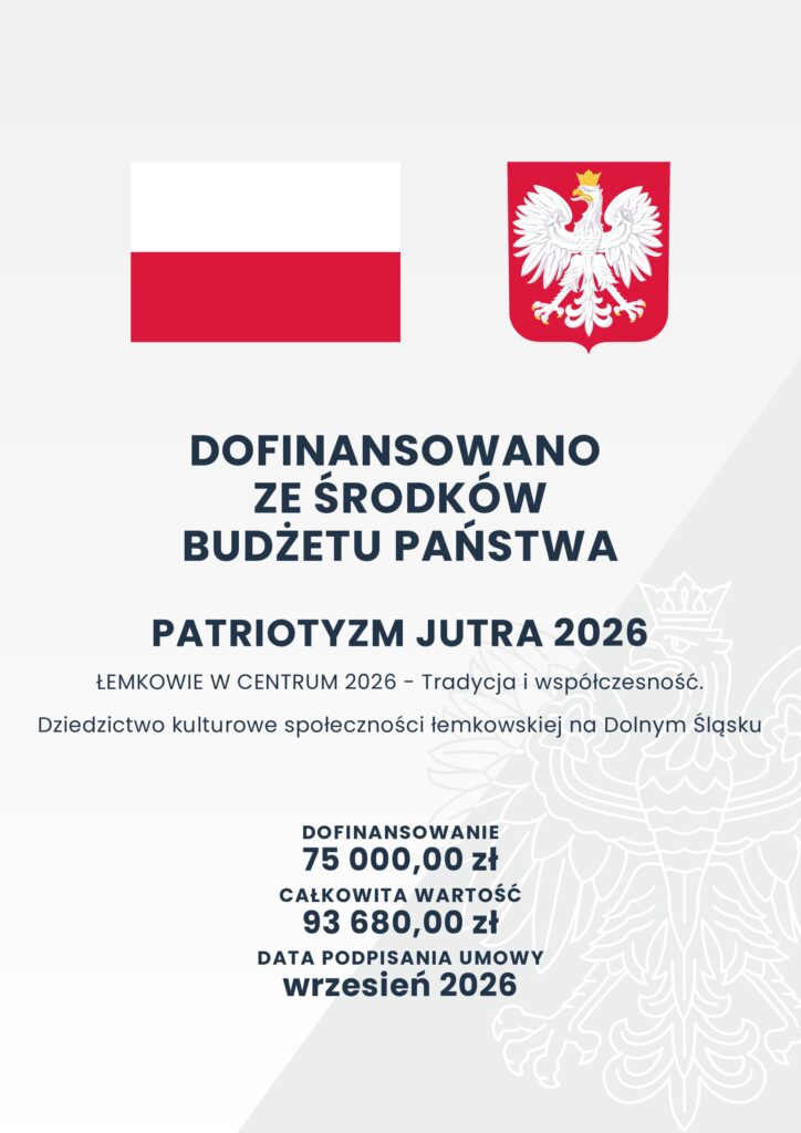 Baner informujący o dofinansowaniu ze środków budżetu państwa w ramach programu Patriotyzm Jutra 2026. Projekt 'Łemkowie w Centrum 2026 – Tradycja i współczesność'. Podano kwotę dofinansowania 75 000,00 zł, całkowitą wartość 93 680,00 zł oraz datę podpisania umowy: wrzesień 2026.